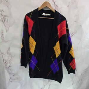 Vintage Sweater Womens Medium Black Red Purple Angora Lambswool Argyle Clown